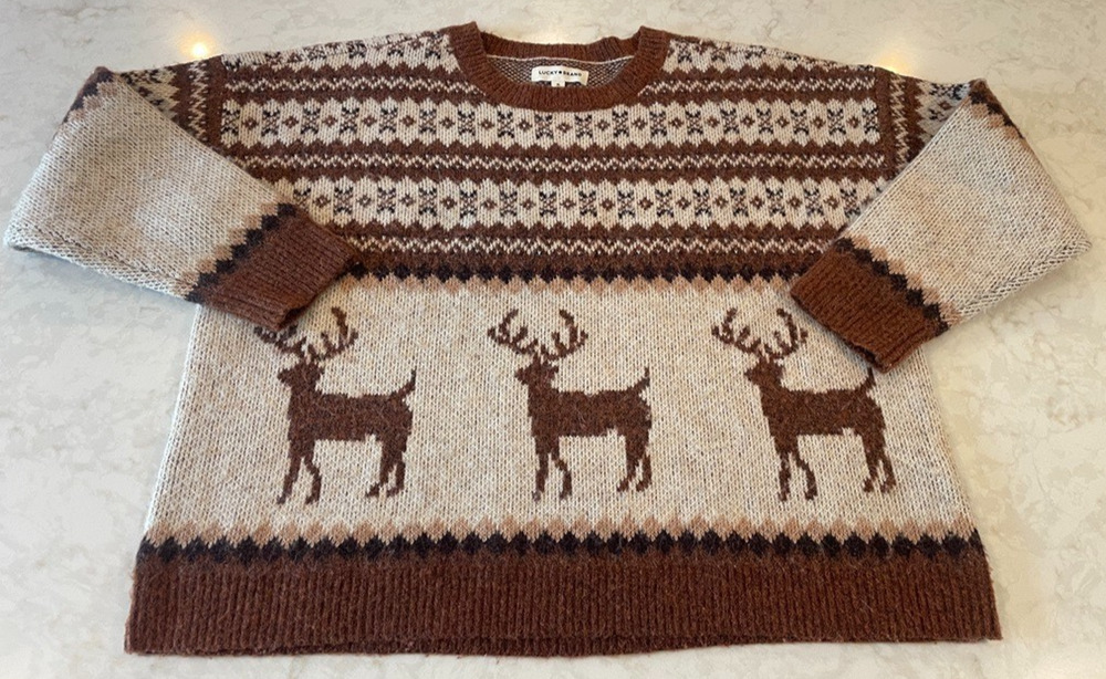 Lucky Brand Women's Fairisle Sweater Sz XL Reindeer Nordic Christmas Ski Cabin